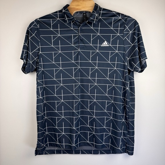 Adidas Navy‎ Blue Geometric Print Performance Golf Polo Mens 2XL Stretch - Picture 2 of 5